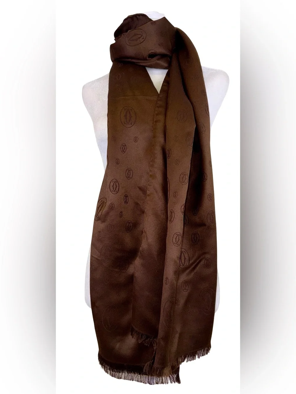 CARTIER “C de CARTIER” OVERSIZED WOOL/SILK SCARF IN CHOCOLATE BROWN